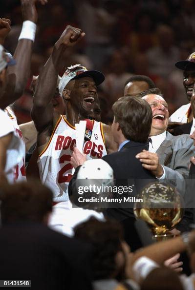 NBA Finals, Houston Rockets Clyde Drexler victorious with trophy ...