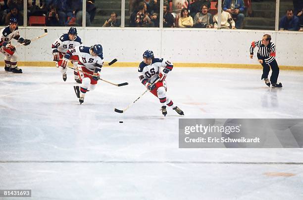 Hockey: 1980 Winter Olympics, USA Mark Pavelich in action during game, Lake Placid, NY 2/13/1980--2/24/1980