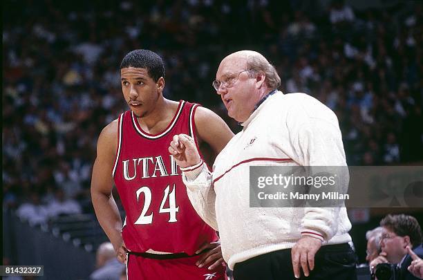 College Basketball: NCAA Final Four, Utah coach Rick Majerus on sidelines with Andre Miller during game vs North Carolina, San Antonio, TX 3/28/1998