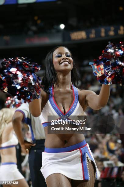 Basketball: Closeup of Philadelphia 76ers cheerleader during game vs Los Angeles Lakers, Philadelphia, PA