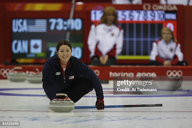 Curling: 2006 Winter Olympics, USA Maureen Brunt in action during Women's Round Robin, Session 2 - Sheet D at Palaghiaccio, Pinerolo, Italy 2/14/2006