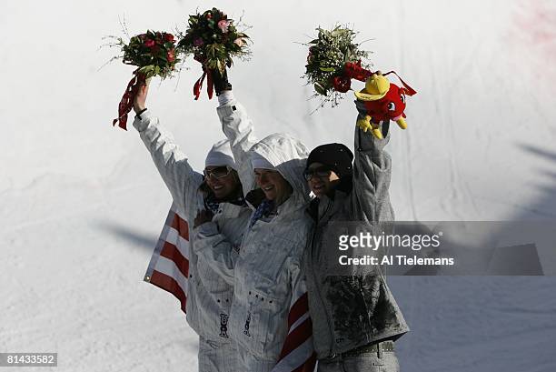 Snowboarding: 2006 Winter Olympics, USA Gretchen Bleiler , USA Hannah Teter , and Norway Kjersti Buaas victorious on medal stand after winning...