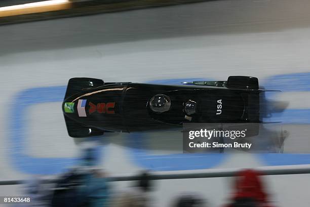 Bobsleigh: 2006 Winter Olympics, USA Todd Hays and Pavle Jovanovic in action during Two Man Heat 4 at Cesana Pariol, Cesana, Italy 2/19/2006