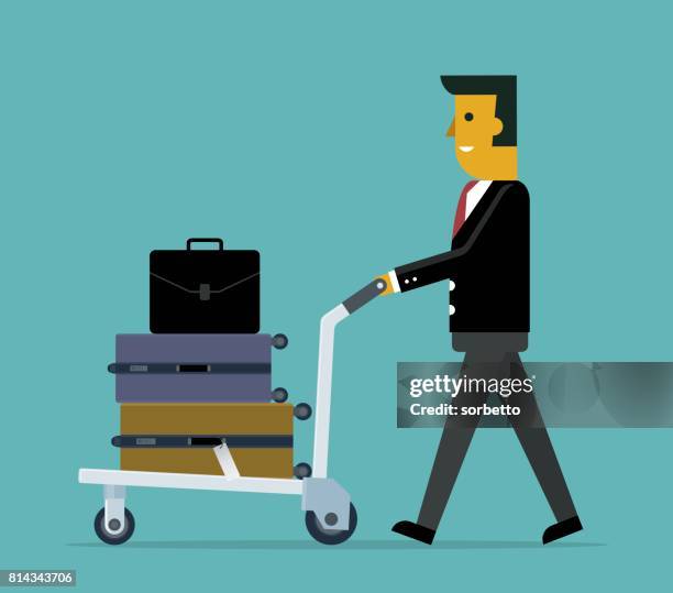 businessman at the airport with luggage cart - luggage trolley stock illustrations