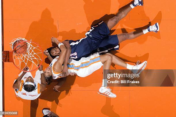 College Basketball: Aerial view of Tennessee Candace Parker in action, making shot and drawing foul vs UConn Willnet Crocket , Tennessee Alexis...