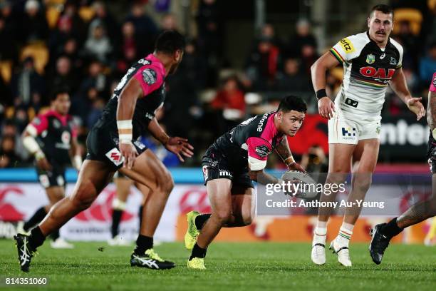Issac Luke of the Warriors in action during the round 19 NRL match between the New Zealand Warriors and the Penrith Panthers at Mt Smart Stadium on...