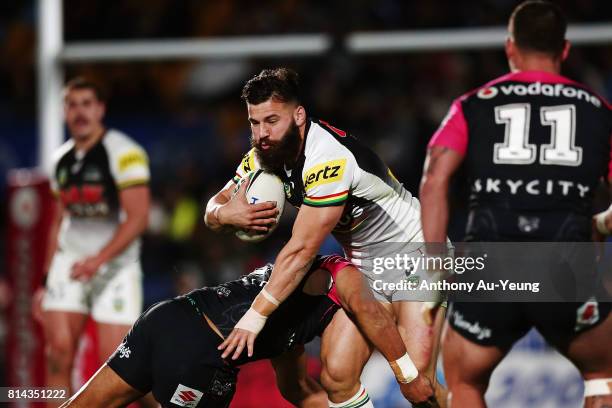 Josh Mansour of the Panthers on the charge during the round 19 NRL match between the New Zealand Warriors and the Penrith Panthers at Mt Smart...