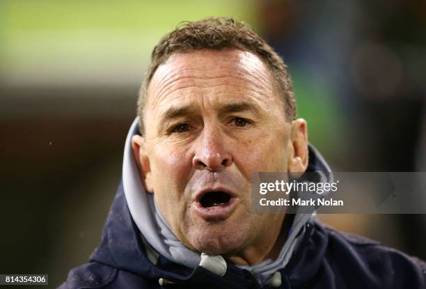 Raiders coach Ricky Stuart shouts instructions from the bench during the round 19 NRL match between the Canberra Raiders and the St George Illawarra...