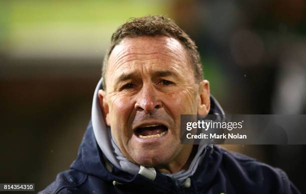 Raiders coach Ricky Stuart shouts instructions from the bench during the round 19 NRL match between the Canberra Raiders and the St George Illawarra...