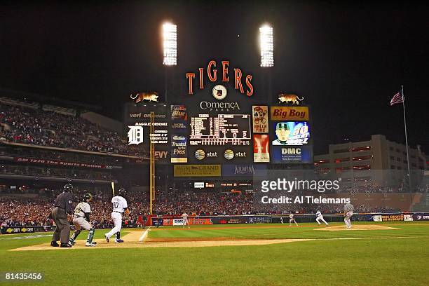 Baseball: ALCS Playoffs, Detroit Tigers Magglio Ordonez in action, hitting game winning, walk off home run vs Oakland Athletics, View of scoreboard...