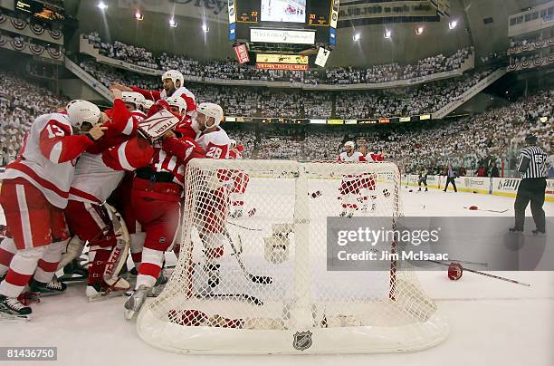 The Detroit Red Wings celebrate after defeating the Pittsburgh Penguins in game six of the 2008 NHL Stanley Cup Finals at Mellon Arena on June 4,...