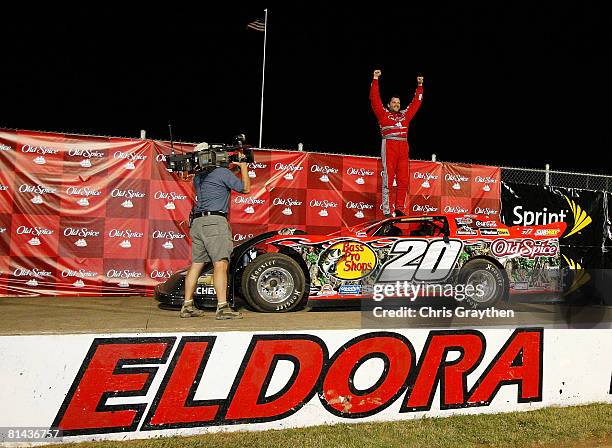 Tony Stewart, driver of the Bass Pro Shops Chevrolet celebrates after winning the Old Spice Prelude to the Dream at Eldora Speedway June 4, 2008 in...