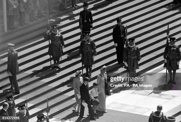 The steps of St Paul's Cathedral sees the Princess Marina, Duchess of Kent leave with her children after the Thanksgiving Service. Yeoman Warders...