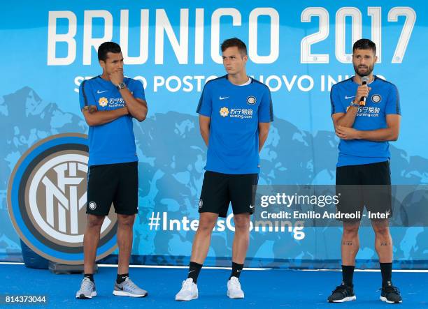 Antonio Candreva Jeison Murillo and Zinho Vanheusden of FC Internazionale Milano visits the Inter Village after the FC Internazionale training...