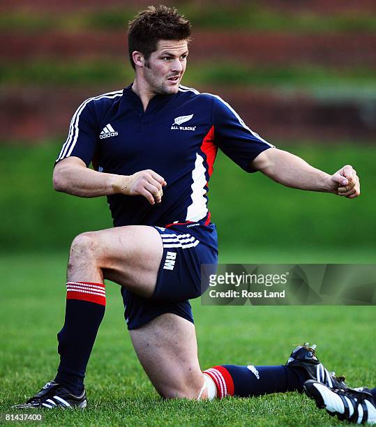 Richie McCaw in action during a New Zealand All Blacks training session at Rugby League Park on June 5, 2008 in Wellington, New Zealand.