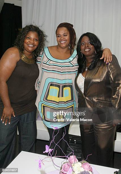 Actress Mo'Nique Singers, Jill Scott and Angie Stone attends "Jill Scott Shares butterfly Bra With The World" Event at Ashley Stewart store on June...