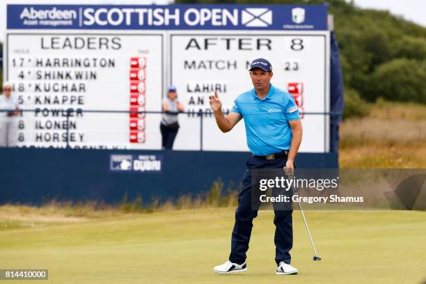 Padraig Harrington of Ireland acknowledges the crowd on the 9th green during day two of the AAM Scottish Open at Dundonald Links Golf Course on July...