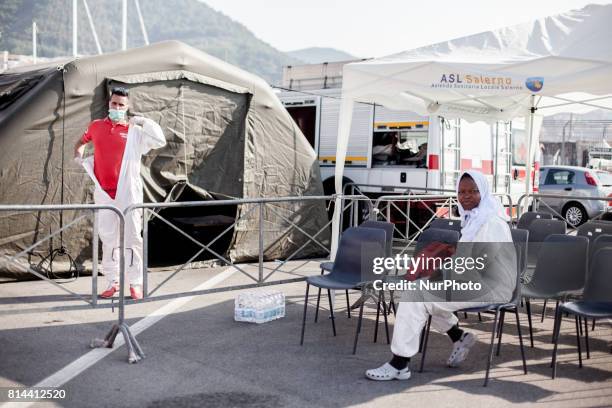 Migrant landing in Salerno July on 14 The Ship Vos Prudencewith 935 migrants form Subsaharian,Libia, Mali, Pakistan, Nigeria, Marocco and 118 women,...