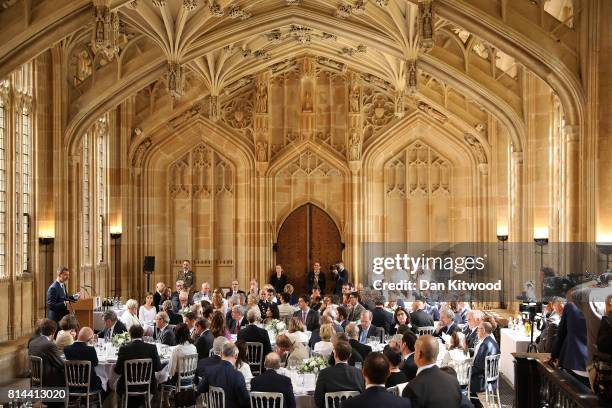 Queen Letizia of Spain listens as King Felipe of Spain speaks at Divinity School, Oxford during a State visit to the UK on July 14, 2017 in Oxford,...