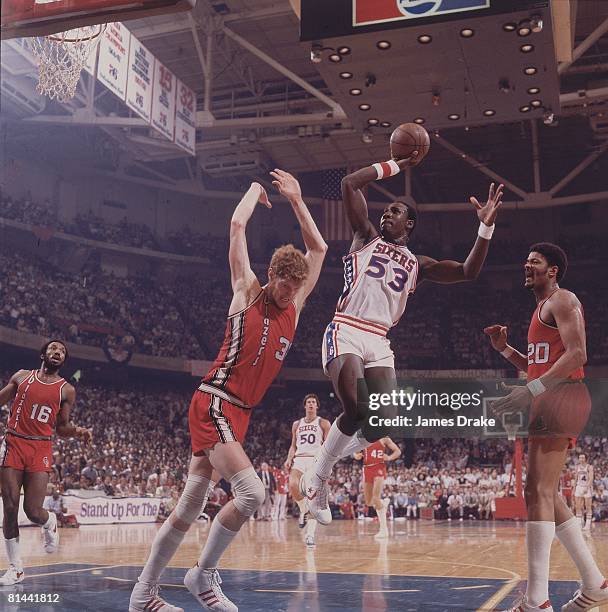 Basketball: NBA Finals, Philadelphia 76ers Darryl Dawkins in action, taking shot vs Portland Trail Blazers Bill Walton , Game 5, Philadelphia, PA...