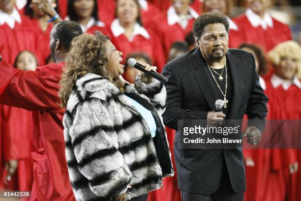 Football: Super Bowl XL, Celebrity singers Aretha Franklin and Aaron Neville performing National Anthem before Pittsburgh Steelers vs Seattle...
