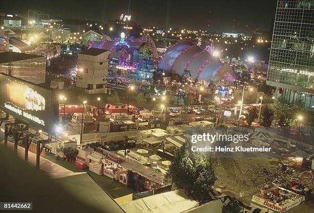 Terrorist Bombing: 1996 Summer Olympics, Aerial view of Centennial Olympic Park after bomb explosion, Atlanta, GA 7/27/1996