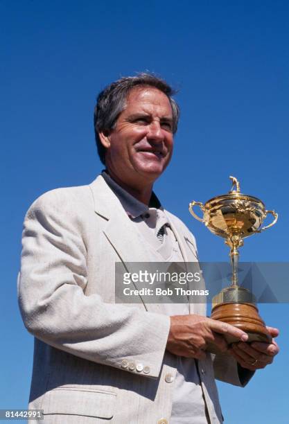 American Ryder Cup Captain Dave Stockton holding the trophy during a media preview of the tournament held during the British Open Golf Championship...