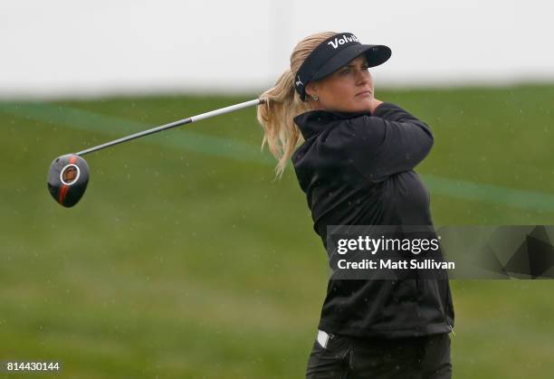 Carly Booth of Scotland watches her tee shot on the 11th hole during the second round of the U.S. Women's Open Championship at Trump National Golf...