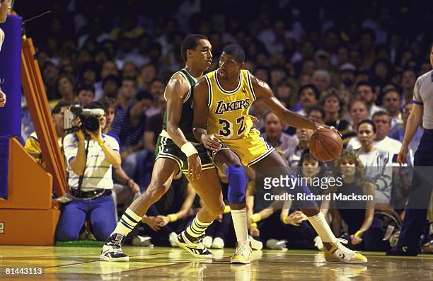 Basketball: NBA Finals, Los Angeles Lakers Magic Johnson in action vs Boston Celtics Dennis Johnson , Game 2, Inglewood, CA 6/4/1987