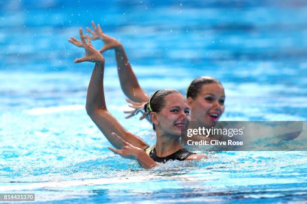 Yekaterina Nemich and Alexandra and Nemich of Kazakhstan compete during the Womens Synchronised Duet Technical, Preliminary round on day one of the...