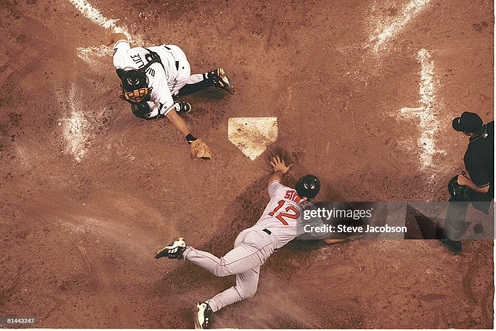 Chris Stynes Aerial view of Boston Red Sox Chris Stynes in action, getting tagged ...