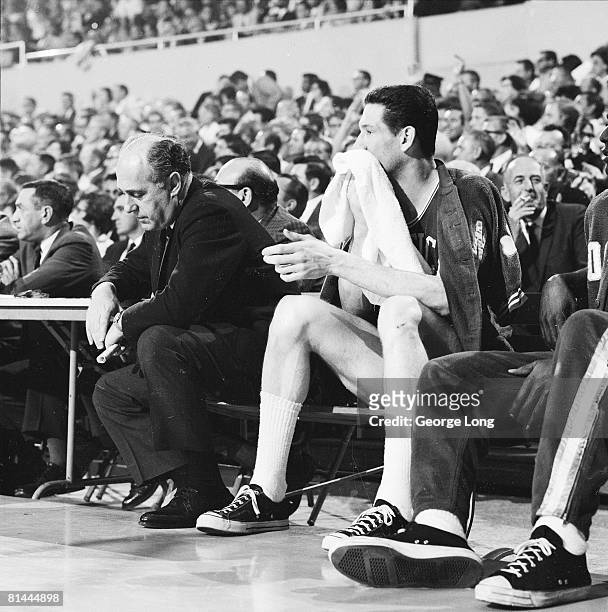 Basketball: NBA Finals, Boston Celtics John Havlicek on bench with coach Red Auerbach during game vs Los Angeles Lakers, Los Angeles, CA...