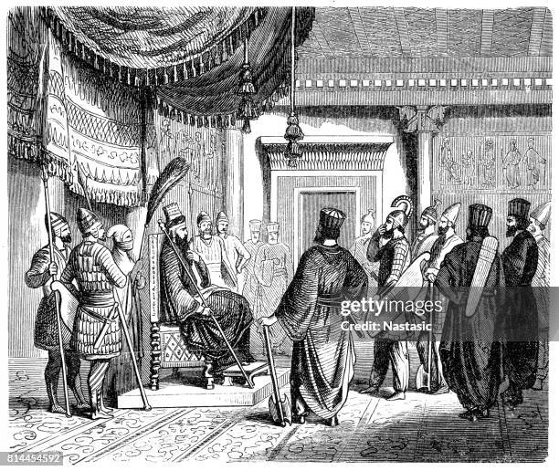 illustrazioni stock, clip art, cartoni animati e icone di tendenza di consiglio di guerra con il re persiano - cultura-persiana
