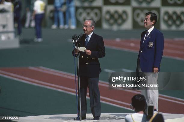 Opening Ceremony: 1988 Summer Olympics: IOC President Juan Antonio Samaranch speaking on stage at the Seoul Olympic Stadium, Seoul, South Korea, 17th...