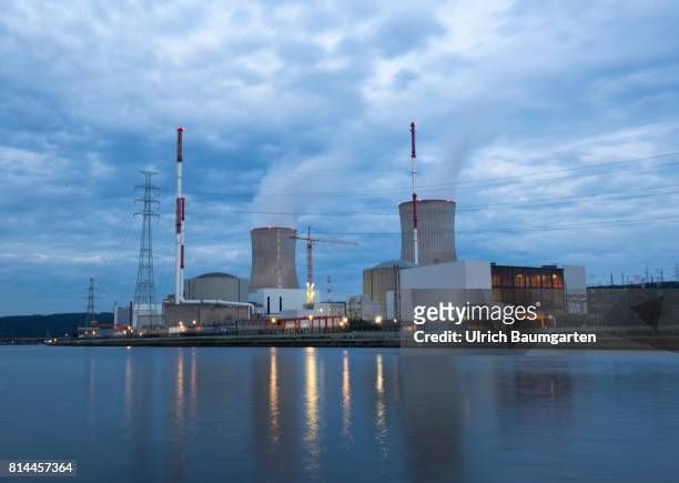 The Blue Hour- exterior view of the Nuclear power station Tihange at the river Maas.
