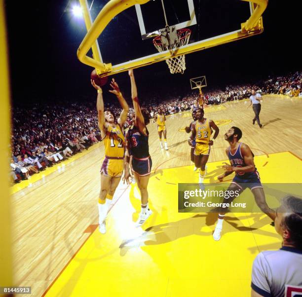 Basketball: NBA Finals, Los Angeles Lakers Pat Riley in action, taking layup vs New York Knicks Phil Jackson , Inglewood, CA 4/26/1972--4/30/1972