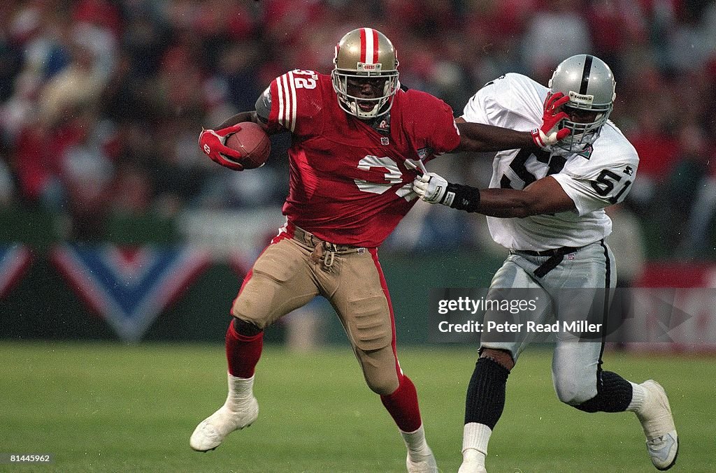 49ers Rookie Ricky San Francisco 49ers Ricky Watters in action, stiff arming vs Los ...