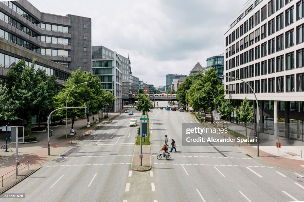 Elevated view of a street scene in Hamburg, Germany
