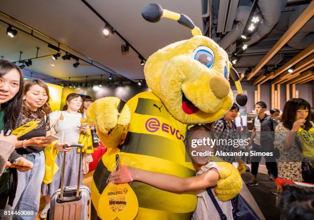 Borussia Dortmund mascot Emma during a meet and greet with fans in the Puma store Harajuku on July 14, 2017 in Tokyo, Japan.