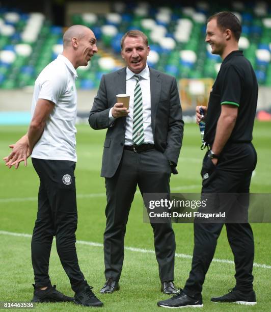 Belfast , United Kingdom - 14 July 2017; Scott Brown, left, Glasgow Celtic manager Brendan Rodgers, centre, and assistant manager Chris Martin ahead...