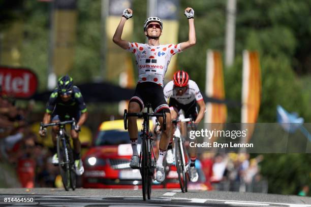 Warren Barguil of France riding for Team Sunweb celebrates crossing the line in 1st place during stage 13 of the Le Tour de France 2017, a 101km...