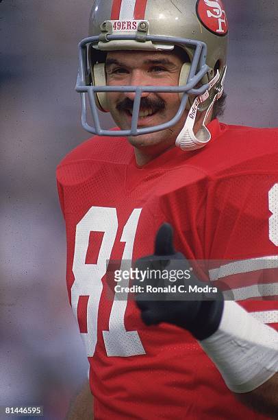 Football: Super Bowl XIX, Closeup of San Francisco 49ers Russ Francis victorious, thumbs up after winning game vs Miami Dolphins, Stanford, CA...