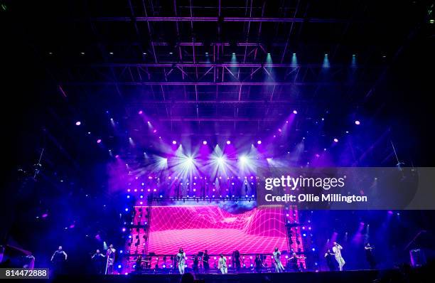 McLean, Nick Carter, Brian Littrell, Howie Dorough and Kevin Richardson of Backstreet Boys perform onstage headlining Day 4 of the 50th Festival...