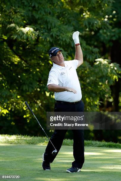 Boo Weekley hits his tee shot on the sixth hole during the second round of the John Deere Classic at TPC Deere Run on July 14, 2017 in Silvis,...