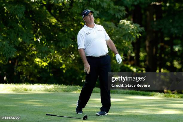 Boo Weekley hits his tee shot on the sixth hole during the second round of the John Deere Classic at TPC Deere Run on July 14, 2017 in Silvis,...