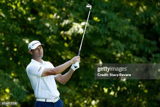 Shawn Stefani watches his tee shot on the sixth hole during the second round of the John Deere Classic at TPC Deere Run on July 14, 2017 in Silvis,...