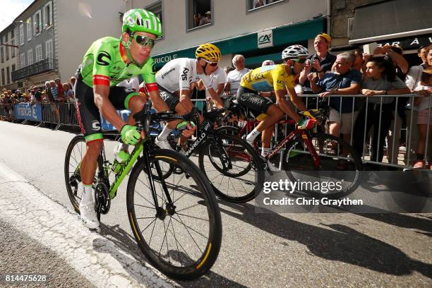 Christopher Froome of Great Britain riding for Team Sky, Fabio Aru of Italy riding for Astana Pro Team in the leader's jersey and Rigoberto Uran of...