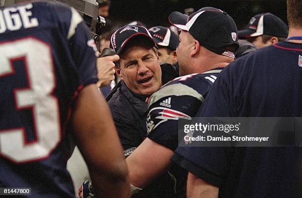 Football: Super Bowl XXXVI, New England Patriots coach Bill Belichick victorious with team after winning game vs St, Louis Rams, New Orleans, LA...