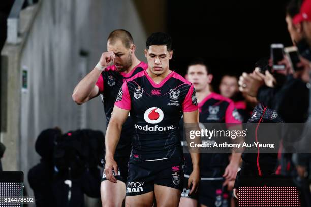 Roger Tuivasa-Sheck of the Warriors leads the team out to the field during the round 19 NRL match between the New Zealand Warriors and the Penrith...