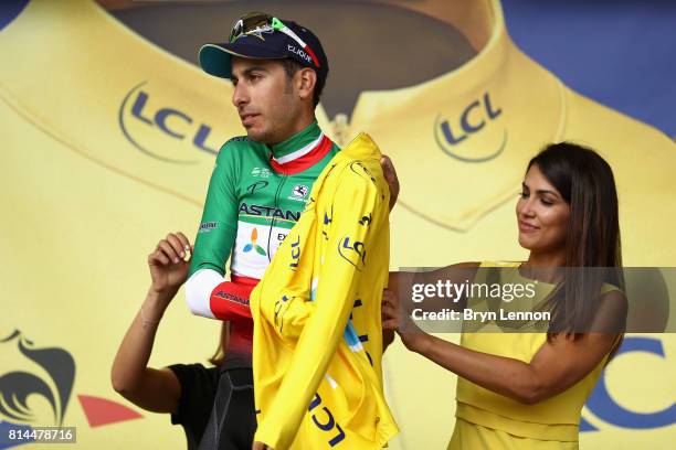 Fabio Aru of Italy riding for Astana Pro Team celebrates retaining the yellow jersey after stage 13 of the Le Tour de France 2017, a 101km stage from...